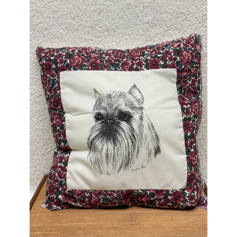 Monique Akar Throw Pillow Brussels Griffon Dog Floral Chintz 12x12 Handmade